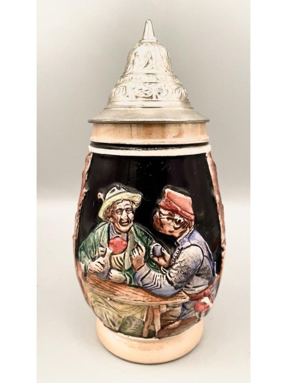 Vintage German Beer Stein 1/4L Pewter Lid 7” Alpine Relief Tavern Scene Rustic